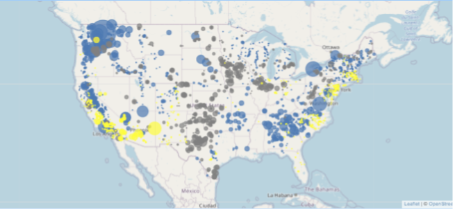 US Hydro, Wind vs Solar Energy Map